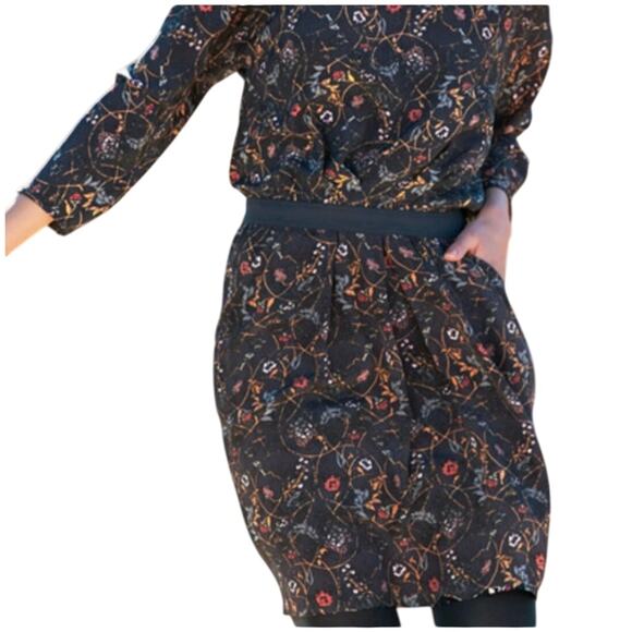 Peruvian Connection Womens Sz 6 100% Silk Blouson Dress Floral Dark Academic - Picture 1 of 10